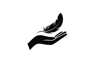 Black silhouette of a feather gently resting on an open hand