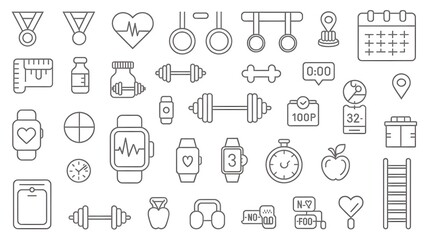 Fototapeta premium Minimalist fitness and health line icons on white grid, thin gray outline set for wellness, gym, nutrition, and lifestyle UI/UX design