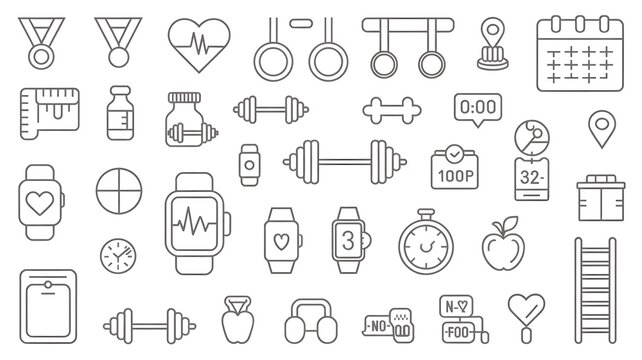 Minimalist fitness and health line icons on white grid, thin gray outline set for wellness, gym, nutrition, and lifestyle UI/UX design