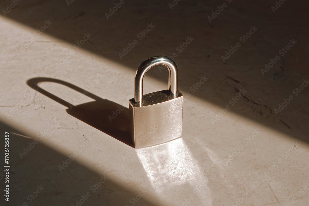 Poster minimalist oversized lock placed in bright light casting a tiny shadow symbolic of overprotective be