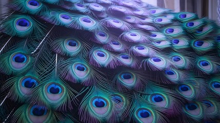 Obraz premium Iridescent peacock feather macro pattern in rich blues and purples, overlapping eyespots creating a luxurious, shimmering tapestry of color and texture