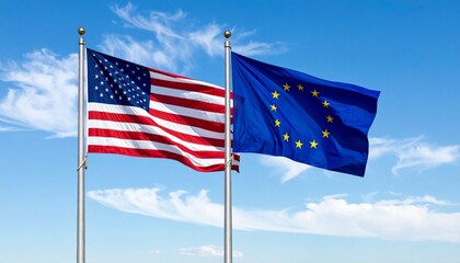 European Union and United States flags flying side by side on a single pole against a blue sky, symbolizing transatlantic partnership and diplomatic cooperation.