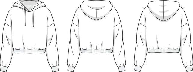Cropped hoodie with elastic cuffs and waistband, front, side, back views, casual streetwear, comfortable unisex sweatshirt, fashion apparel, hoodie with drawstrings, modern trendy loungewear design