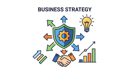 Illustration showcasing business strategy with shield, lightbulb, handshake, and graph