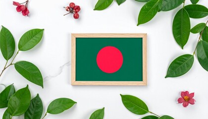Framed Bangladesh flag with red circle on green field, surrounded by green leaves on a white surface, symbolizing national identity and harmony with nature.