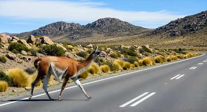 Wild Guanaco Crossing a Remote Asphalt Road in the Andes Mountains. - Powered by Adobe