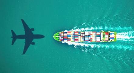 Obraz premium Aerial view of a large cargo ship carrying colorful shipping containers sailing through the ocean alongside a silhouette of an airplane