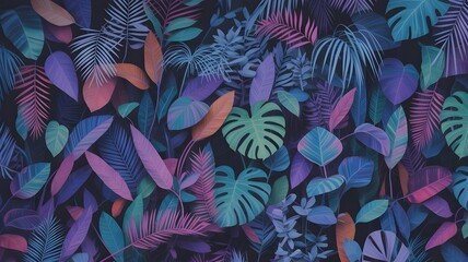 Neon tropical foliage pattern on black, luminous monstera and palm leaves in blue, turquoise, purple, and pink with bioluminescent glow
