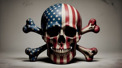 Patriotic skull-and-crossbones with distressed American flag overlay on dark gray, gritty graphic symbol of defiance and mortality