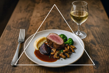Gourmet dish with wine glass illustrating the rule of triangle in food photography composition