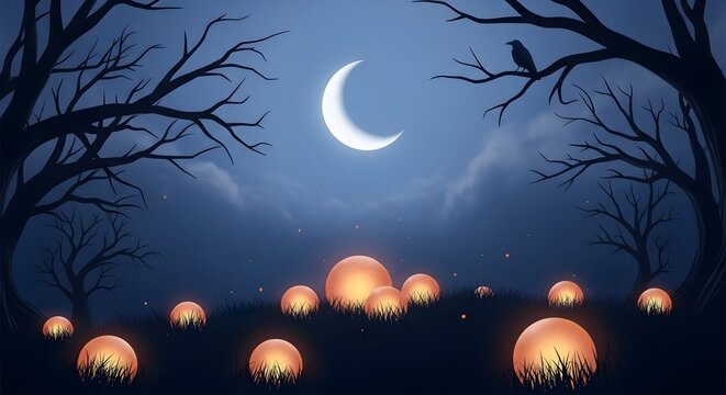 Crescent Moon and Glowing Orbs: A Mystical Twilight Scene - Powered by Adobe