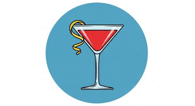 Illustration of a cosmopolitan cocktail with a lemon twist on a blue background, perfect for bar menus and drink promotions