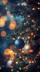 Capturing the enchanting glow of Christmas lights and ornaments on a beautifully decorated tree, this image evokes warmth and festive spirit in winter celebrations.