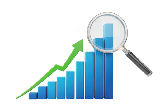 Magnifying glass analyzing upward trending bar graph with green arrow isolated on transparent background