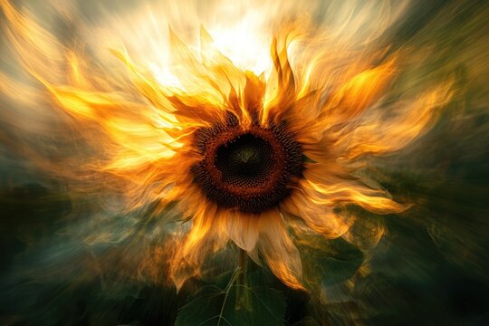 A fiery, abstract depiction of a sunflower, radiating warmth and energy. - Powered by Adobe