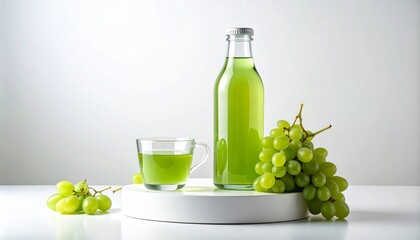 Fresh Green Grape Juice in Glass Bottle with Cup and Whole Grapes on White Background