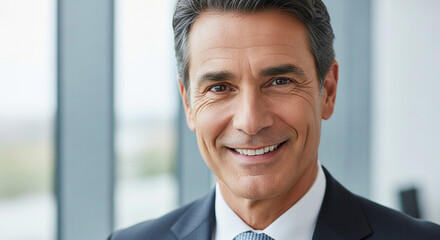 Closeup headshot portrait of indian or latin hispanic mature middle age leader, ceo male businessman in suit in office workplace. Executive confident senior business man specialist smiling at camera
