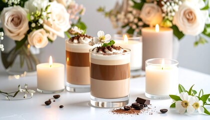 Elegant layered coffee dessert, candles and flowers