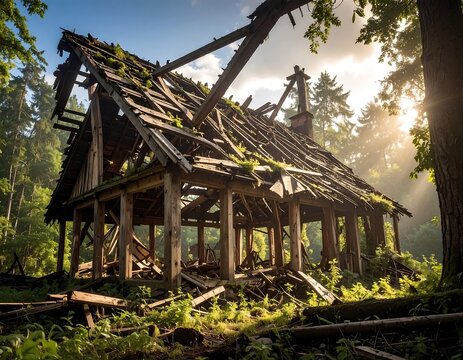Ruined wooden cabin in forest at dawn - Powered by Adobe