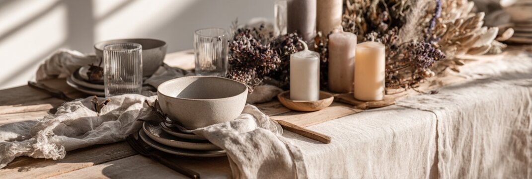 Beautifully arranged dining table featuring elegant tableware, soft linens, and decorative candles, creating a warm, inviting atmosphere perfect for gatherings or celebrations.