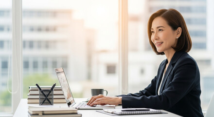 Dreaming mature eastern business woman working on laptop computer sitting in office looking smiling aside, copy space. Asian executive manager businesswoman finance analyst using pc at workplace