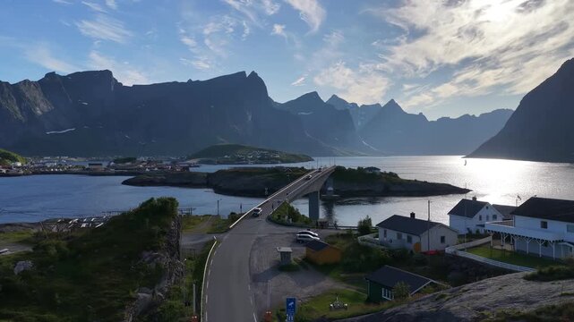 Aerial view of fredvang bridges in lofoten islands, norway, connecting moskenesoya and flakstadoya