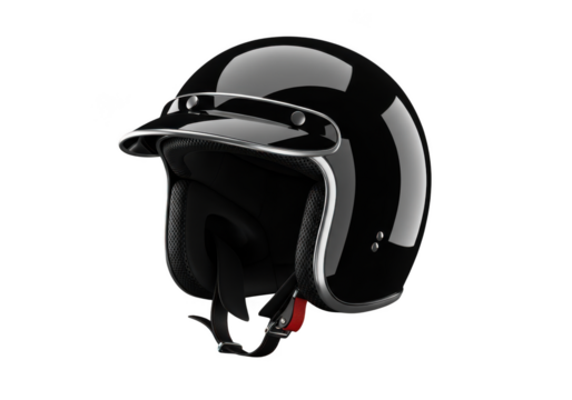 Shiny black open face motorcycle helmet with silver trim isolated on transparent background