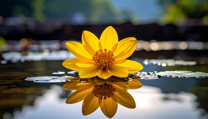 A vibrant yellow flower rests on water, its reflection mirroring its beauty