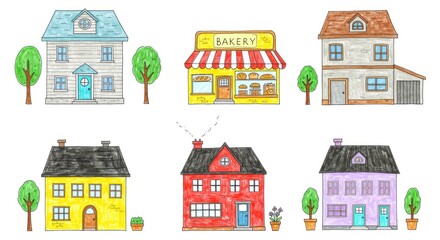 Charming watercolor illustrations of six colorful whimsical houses and trees perfect for children s books and creative design projects