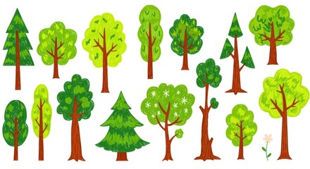 A diverse collection of stylized green trees with brown trunks and vibrant foliage against a white background