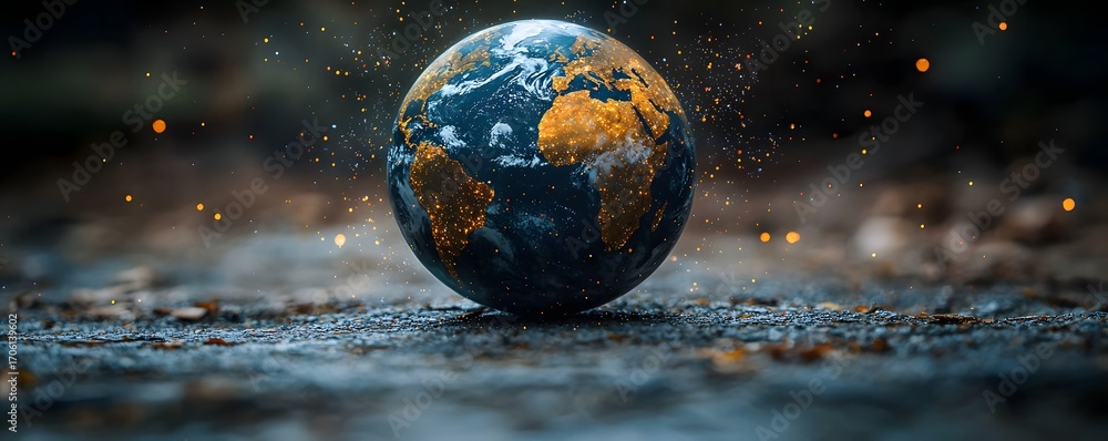 Poster a glowing earth globe with illuminated continents and scattered particles set against a dark texture