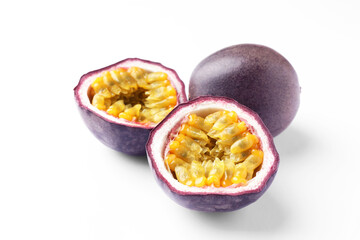 Fresh passion fruits on white background, closeup