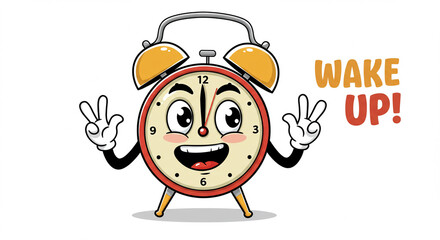 Cute Cartoon Alarm Clock Waking Up with Peace Sign Gesture