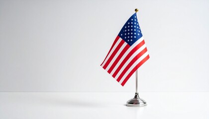 Small United States flag on silver stand against plain white background, symbolizing patriotism, national identity, and formal representation.