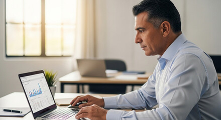 Focused senior businessman entrepreneur sitting at desk working on financial project, looking thinking at screen. Mature 50s Latin business man ceo manager using laptop computer in office. Copy space