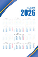 2026 Calendar Template with Minimalist Blue and Gold Accents.