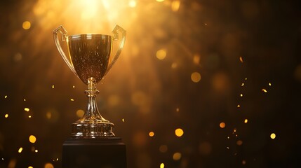 A gleaming trophy illuminated by warm light, surrounded by shimmering bokeh, symbolizing achievement and victory.