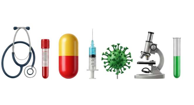 Medical research and diagnostic tools isolated on a transparent background stethoscope blood