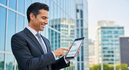 Focused successful mature Indian or Latin entrepreneur businessman holding digital pc tablet standing outdoor at business office building. Hispanic smiling man in suit working using touchpad computer
