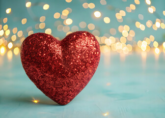 Obraz premium A vibrant red glitter heart sits prominently on a textured teal surface with a soft bokeh background of warm golden lights creating a romantic and celebratory atmosphere