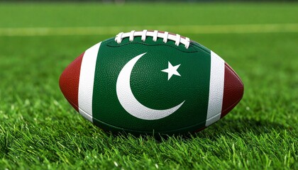 Rugby ball featuring Pakistan flag on grassy field under sunlight, symbolizing national pride and sports representation.