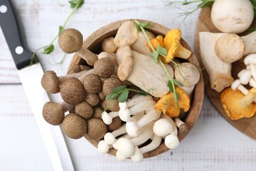 Different raw mushrooms, microgreens in bowl and knife on light wooden table, flat lay
