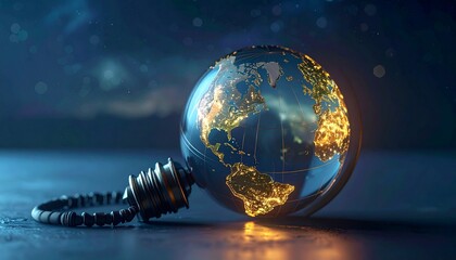 Light bulb with Earth globe as glass enclosure glowing in dark background, symbolizing global energy, innovation, and environmental awareness.