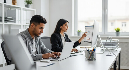 Hispanic business woman manager using cell phone mobile app, laptop. Smiling Latin or Indian student girl holding smartphone sitting in office or modern library, working online on gadget, copy space.