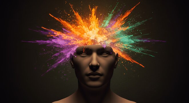 Creative burst of ideas exploding from head