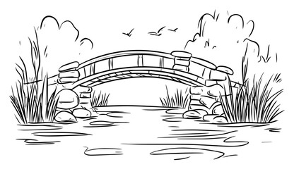 Stone arch garden bridge over tranquil pond with reeds and birds, peaceful landscape – vector illustration