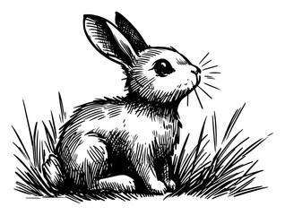 Cute rabbit sitting in grass nibbling straw, charming woodland animal illustration – vector sketch