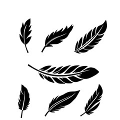 Eight Stylized Black Feathers: A Collection of Vector-Style Feather Icons on White Background