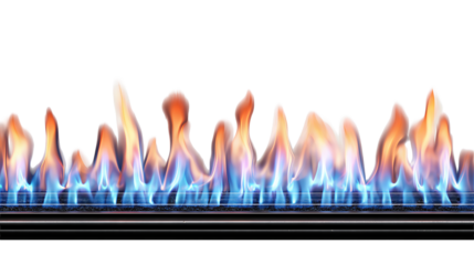 Row of flickering gas flames in vivid orange and blue tones along a narrow burner strip, isolated on transparent background.
