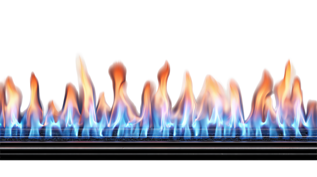 Row of flickering gas flames in vivid orange and blue tones along a narrow burner strip, isolated on transparent background.
